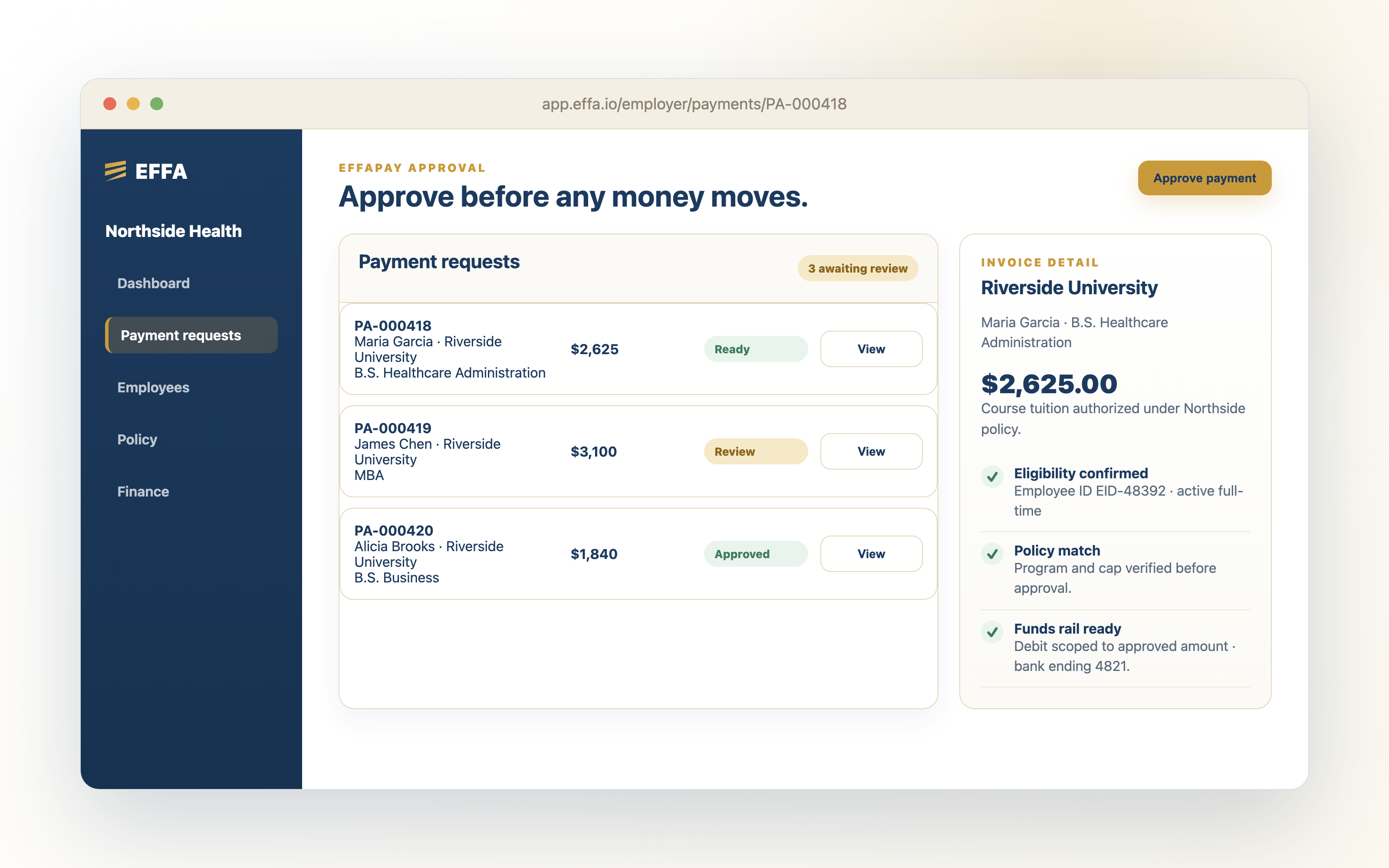 Employer finance approval screen showing payment requests and the invoice detail approval controls.