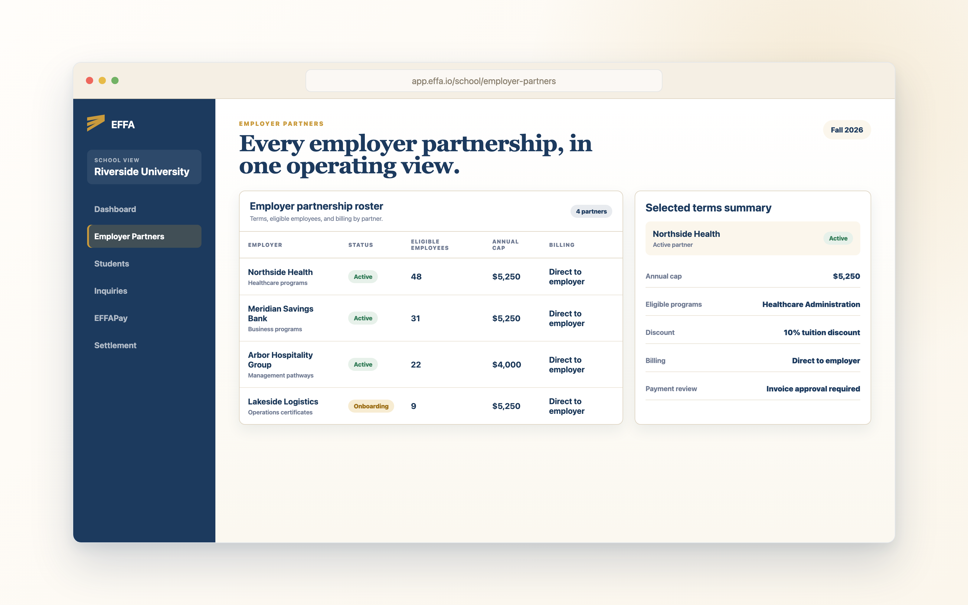 Riverside University employer partnership roster showing employer partners, eligibility, annual caps, and billing terms.
