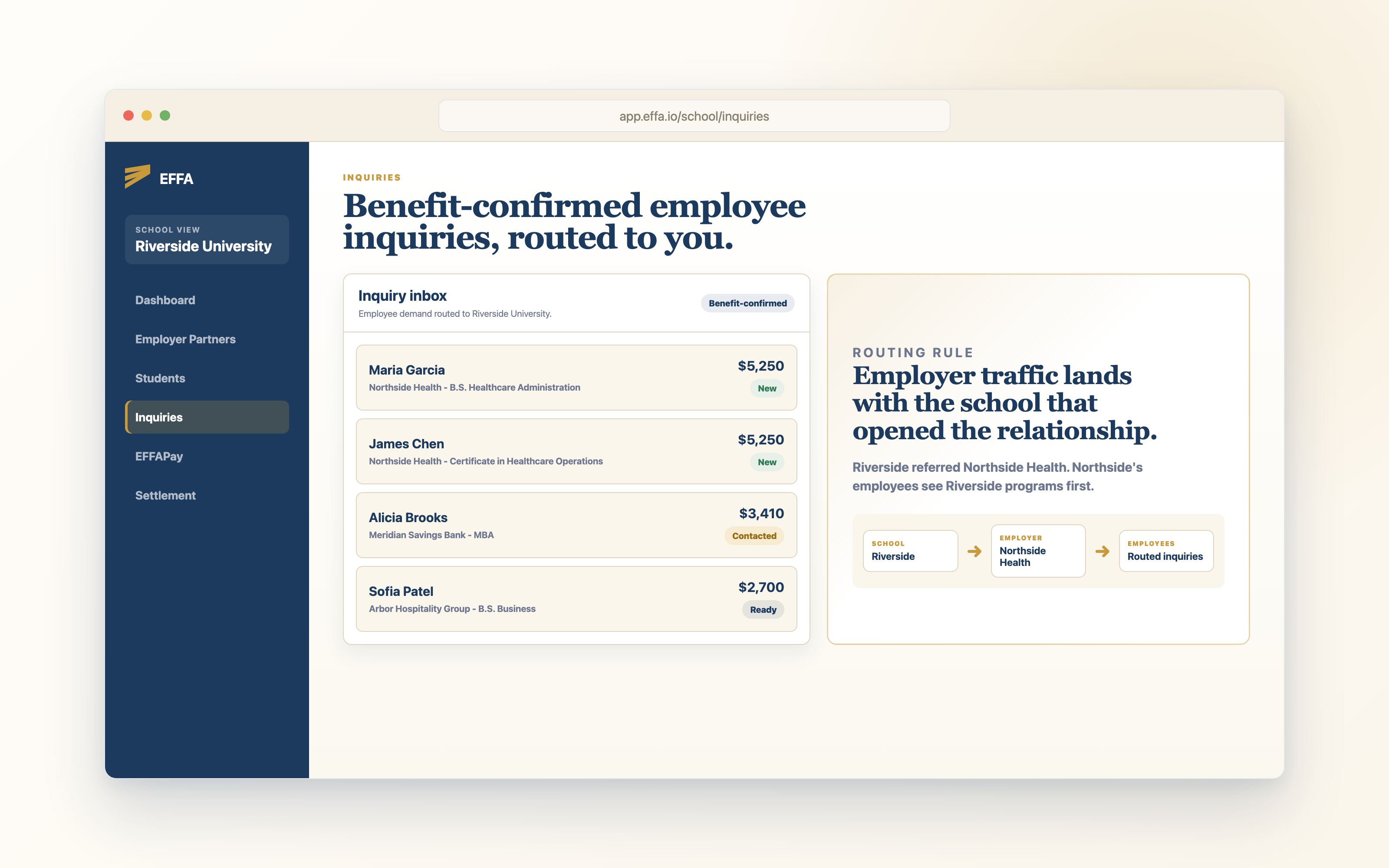 Riverside University inquiry inbox showing benefit-confirmed employee inquiries and the routing rule that sends employer traffic to the school that opened the relationship.